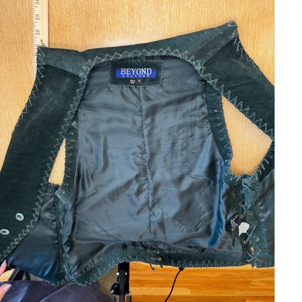 Green Genuine Suede-Leather Vintage Whip-Stitch Vest boho 80s biker unisex M - Picture 12 of 15